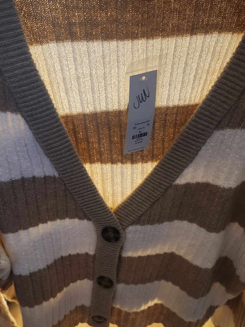 Francesca's Collections Taupe & Cream Striped V‑Neck Button Cardigan